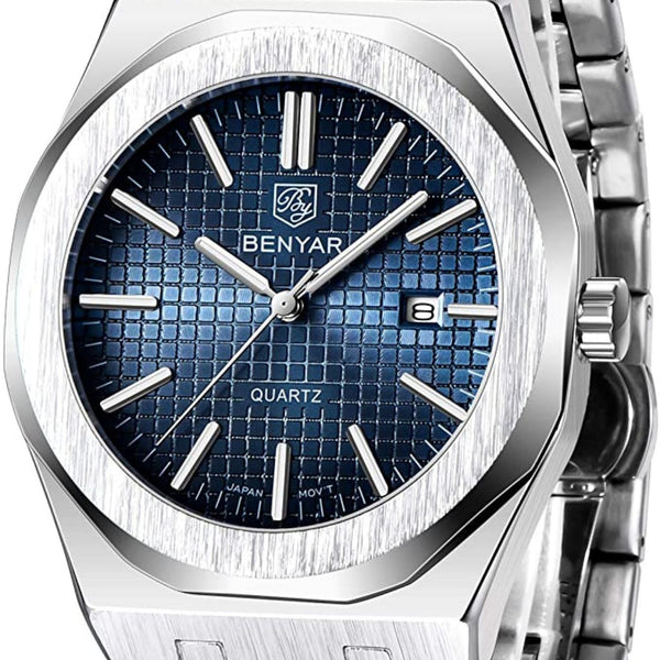BENYAR Business Casual Men's Blue Dial Stainless Steel Analog Watch with Date Display - Classic and Versatile