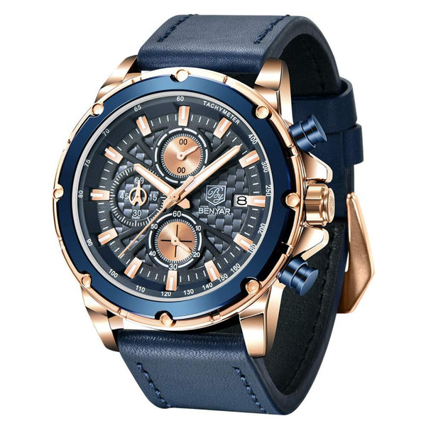 BENYAR Men's Leather Strap Analog Chronograph Fashion Business Sport Design Watch - Waterproof and Elegant Gift Idea for Men
