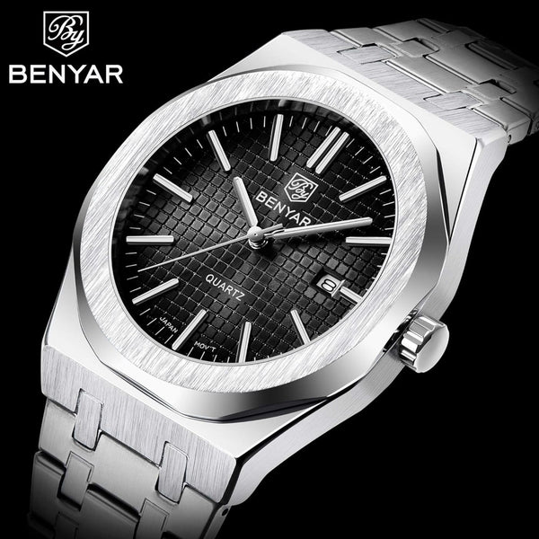 BENYAR Business Casual Men's Silver Stainless Steel Analog Watch with Date Display - Stylish and Functional