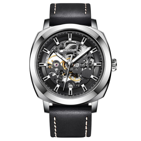 BENYAR Men's Automatic Mechanical Self-Wind Skeleton Black Genuine Leather Watch - Ideal Birthday, Husband, or Brother Gift
