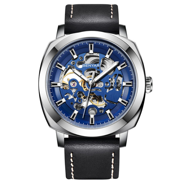 BENYAR Men's Automatic Mechanical Self-Wind Skeleton Blue Dial Genuine Leather Watch - Perfect Birthday, Husband, or Brother Gift