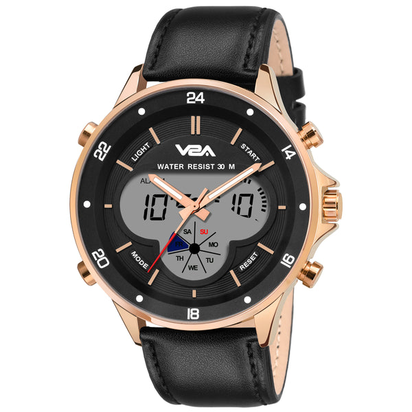 V2A Business Casual Leather Analog-Digital Gold Casing Waterproof Multifunction Watch For Men And Boys