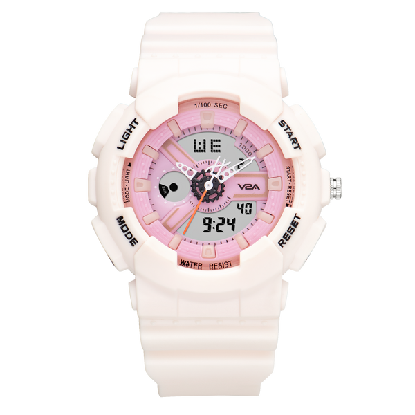 V2A Analog Digital 5ATM Waterproof Fashion White Pink Sports Watch for Women and Girls