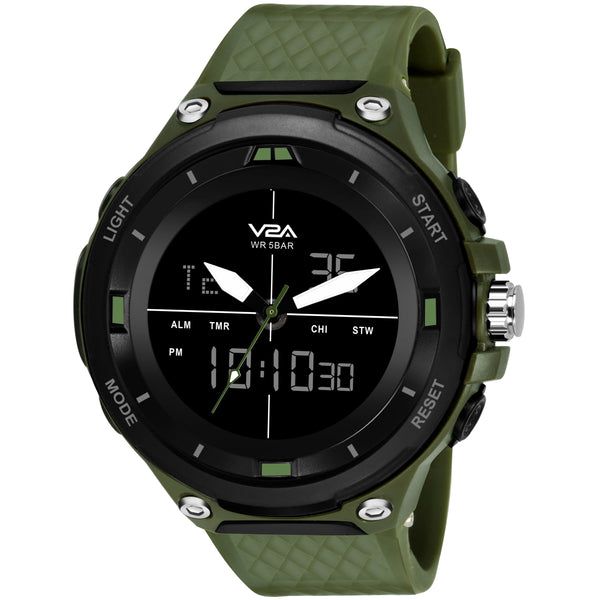 V2A Analog Digital Military Green Countdown and Auto Calendar 5ATM Waterproof Sports Watch for Men
