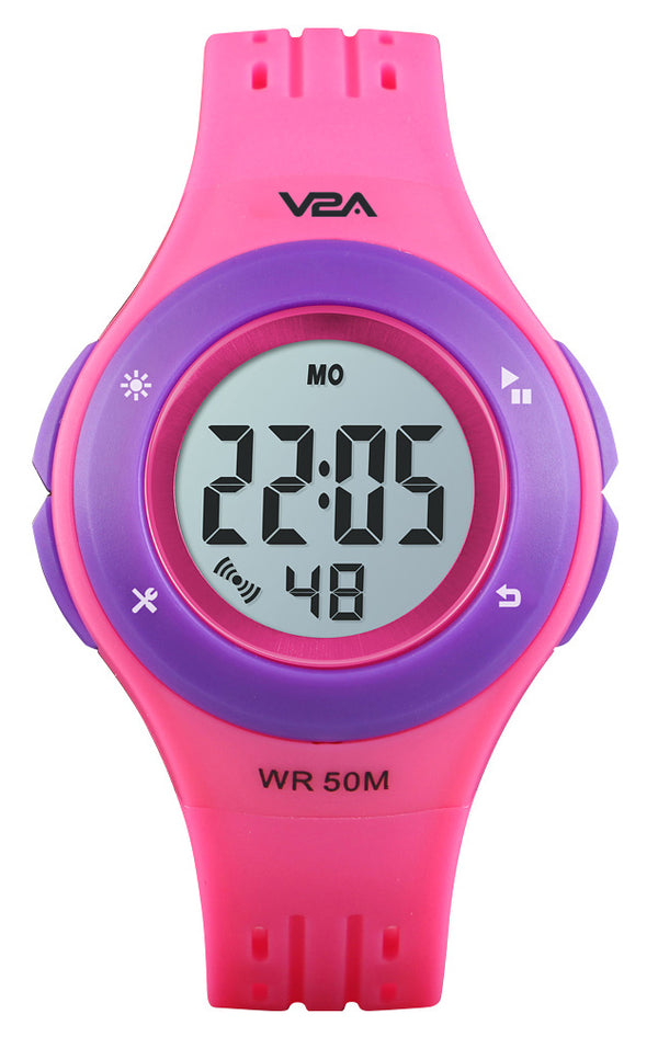 V2A Digital 5ATM Waterproof Kids Sports Watch with 7 Color Backlight Alarm Stopwatch for Girls (White Dial and Pink Colored Strap)