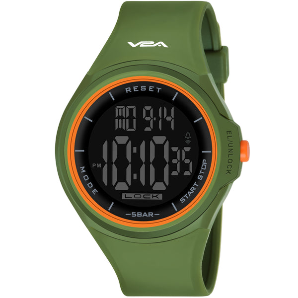 V2A Touch Controls Digital 5ATM Waterproof Unisex Sports Watch (Black Dial and Green Strap)
