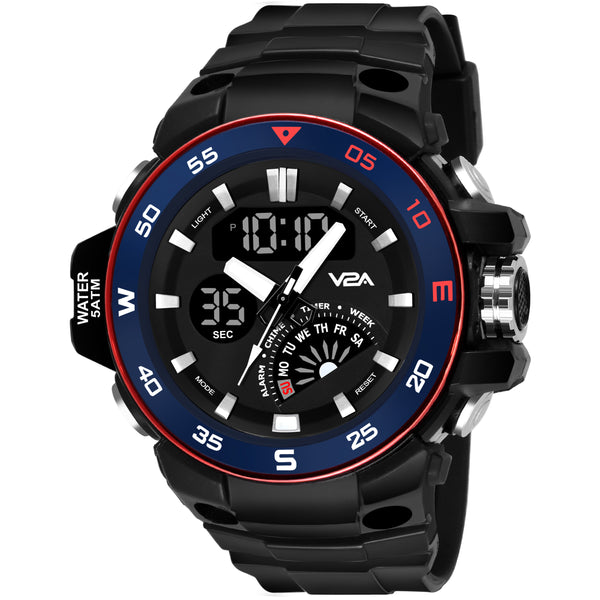 V2A Analog Digital 5ATM Waterproof Sports Watch with Backlight Alarm Snooze Stopwatch for Men (Black Dial with Black Strap)