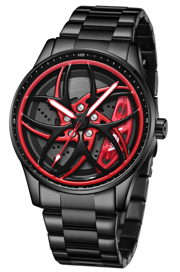 V2A Vortex-3 Series Rolling Wheel Men’s Analog Watch Open Dial Stainless Steel Watch – Car Wheel-Inspired Design, Hollow Out Elegance Casual Watch for Men | Gift for Men (Black-Red)