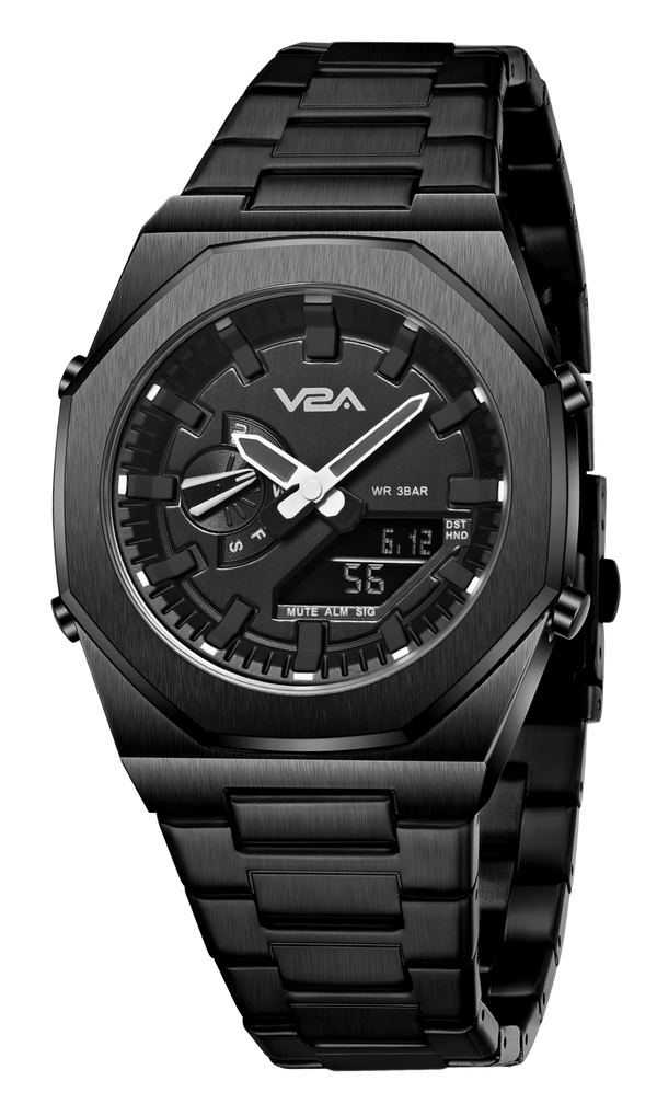 V2A Allure Multifunctional Analogue-Digital Watch for Men, Alloy Case, Stainless Steel Band, 30M Water Resistant, 5 Alarms, World Time, Countdown, Stopwatch Men Watch | Birthday Gift for Men