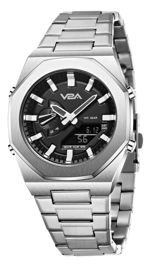 V2A Allure Multifunctional Analogue-Digital Watch for Men, Alloy Case, Stainless Steel Band, 30M Water Resistant, 5 Alarms, World Time, Countdown, Stopwatch Men Watch | Birthday Gift for Men