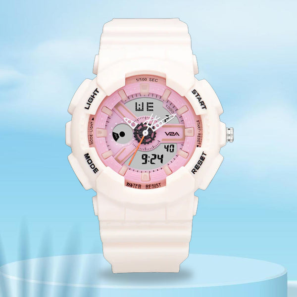 V2A Analog Digital 5ATM Waterproof Fashion White Pink Sports Watch for Women and Girls