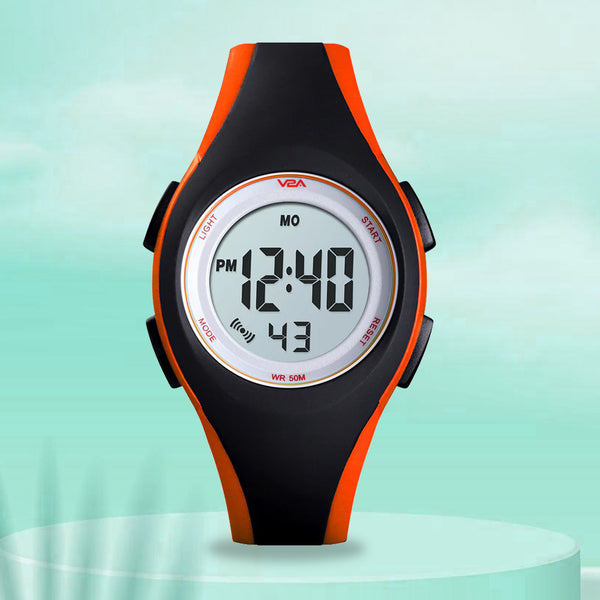 V2A 5ATM Waterproof Digital Kids Sports Watch with Luminous Alarm Stopwatch for Boys and Girls (White Dial Black and Orange Colored Strap)