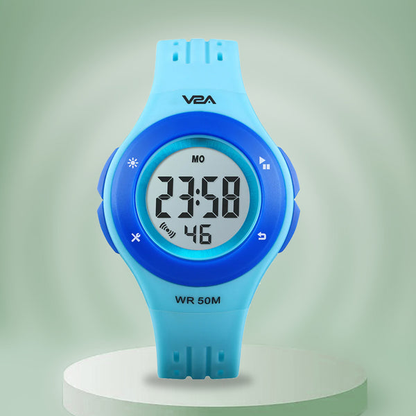 V2A Digital 5ATM Waterproof Kids Sports Watch with 7 Color Backlight Alarm Stopwatch for Boys and Girls (White Dial and Blue Colored Strap)