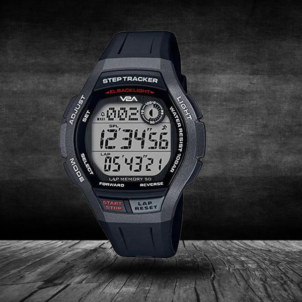 V2A STEPO 3D Pedometer Digital Sports Watch (Grey Dial Black Colored Strap)