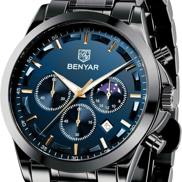 BY BENYAR Men's Analog Quartz Chronograph Elegant Watch with Stylish Sport Design, Waterproof, and 30M Resistance - Ideal Gift for Men (Brown, Blue)