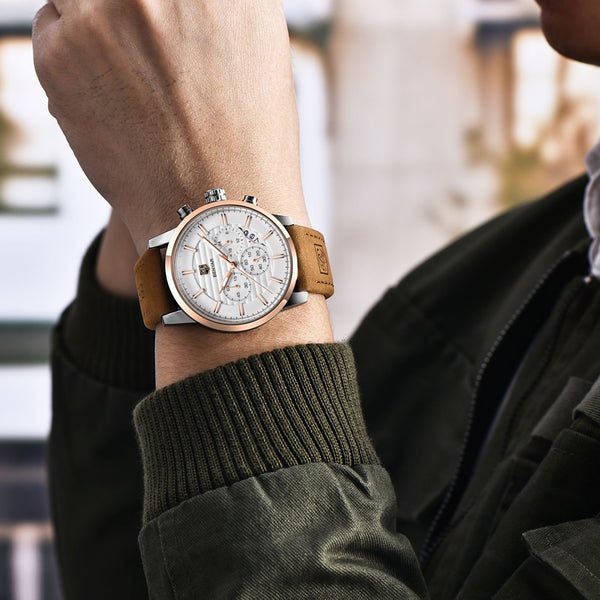 BENYAR Men's Quartz Chronograph Waterproof White Dial Business and Sport Design Leather Band Wrist Watch