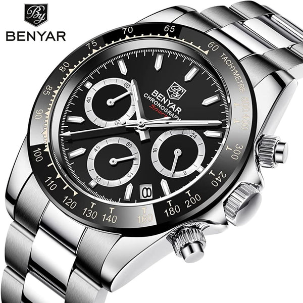 BENYAR Small Dial Chronograph Men's Multifunction Fashion Watch with Stainless Steel Strap - Waterproof Sports Casual Quartz Timepiece