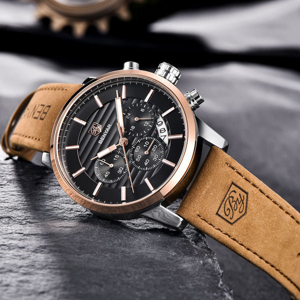 BENYAR Men's Quartz Chronograph Waterproof Business and Sport Design Leather Band Wrist Watch