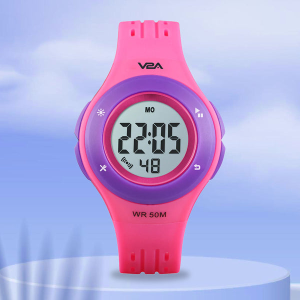 V2A Digital 5ATM Waterproof Kids Sports Watch with 7 Color Backlight Alarm Stopwatch for Girls (White Dial and Pink Colored Strap)