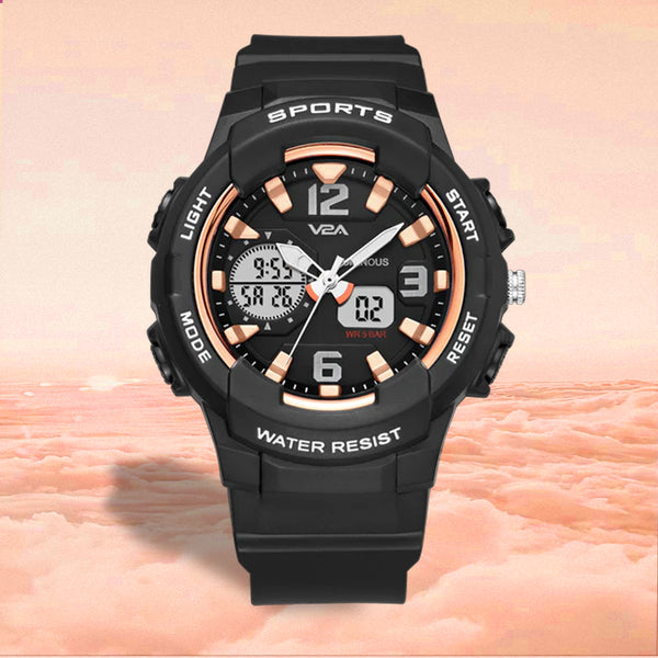 V2A Analog Digital 5ATM Waterproof Fashion Black Sports Watch for Women and Girls