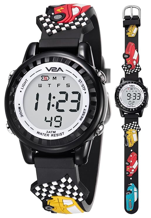 V2A Kids 3D Cars Print Digital Watch for Boys & Girls Aged 3 to 10 years – Multi-Functional LED Watch with Soft Silicone Strap, Alarm, Stopwatch & Backlight – Fun Birthday Gift for Kids