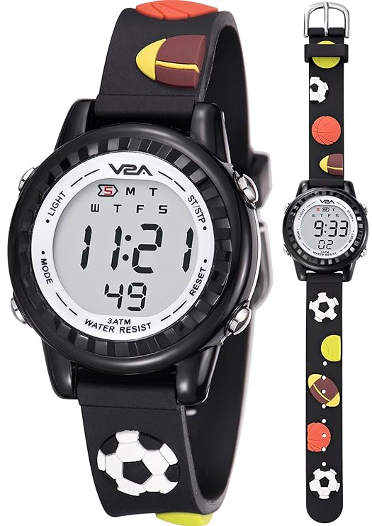 V2A Kids 3D Football Digital Watch for Boys Soft Silicone Strap | Multicolour LED Light | Alarm, Stopwatch, Time & Date | Sports Wristwatch Gift for Boys Ages 3–10