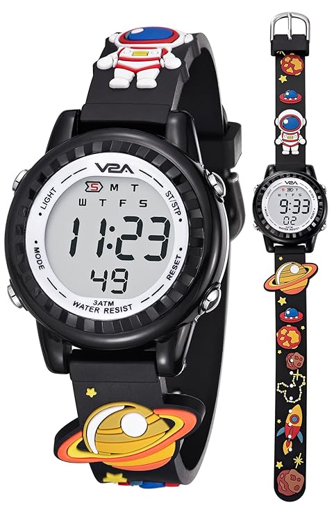 V2A Kids 3D Astronaut Print Digital Watch for Boys & Girls Aged 3 to 10 years – Multi-Function LED Wristwatch with Soft Silicone Strap, Alarm, Stopwatch & Backlight – Perfect Gift for Space-Loving Kids