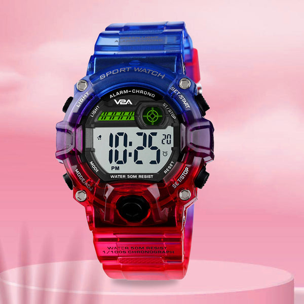 V2A Digital 5ATM Waterproof Kids Sports Watch with Backlight Alarm Stopwatch for Boys and Girls (White Dial with Red and Blue Colored Strap)