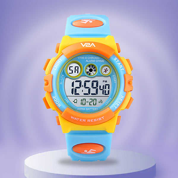V2A Digital 5ATM Waterproof Kids Sports Watch with 7 Color Backlight Alarm Stopwatch for Boys and Girls (Yellow Dial and Blue Colored Strap)
