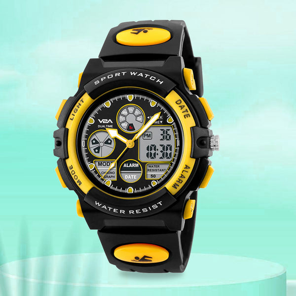 V2A Analogue Digital 5ATM Waterproof Kids Sports Watch with Backlight Alarm Stopwatch for Boys and Girls (White Dial and Yellow Coloured Strap)