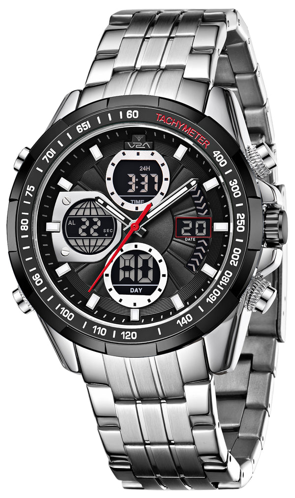 V2A Men’s Luxury Analog-Digital Chronograph Watch , 45mm Big Dial with Stainless Steel Band | Dual Display, Multifunction, 30M Waterproof | Stylish Gift for Him