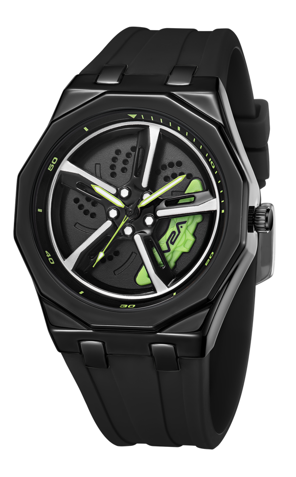 V2A Men’s Analog Watch, Spinning Car Wheel Watch for men-Inspired Design with Black Zinc Dial, Octagonal Zinc Alloy Case & Silicone Strap | Creative Sport Wristwatch Gift for boys