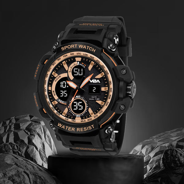 V2A Big Dial Black-gold Outdoor Sport Shockproof Led Analogue And Digital Waterproof Chronograph Watch For Men