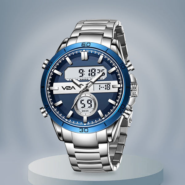 V2A Fusion Series Men's Analog-Digital Watch – Silver-Blue | Stainless Steel Strap, Alarm, Stopwatch, EL Backlight