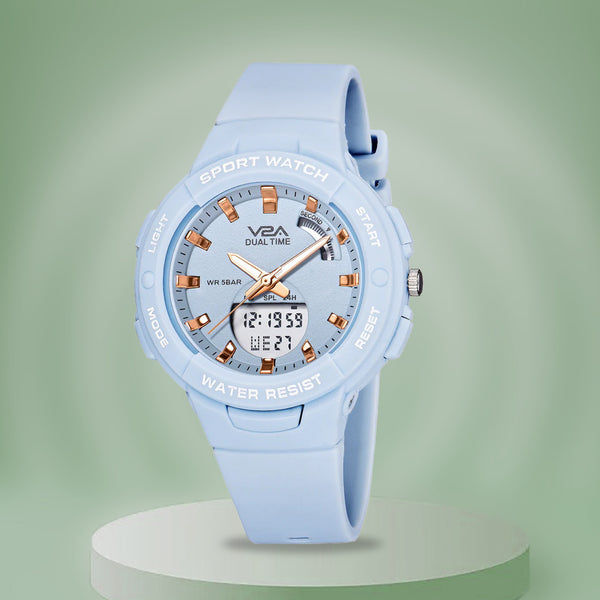 V2A Analog Digital Waterproof Fashion Sports Watch  for Women and Girls (Light Blue)
