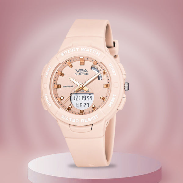 V2A Analog Digital 5ATM Waterproof Fashion Sports Watch with Backlight Alarm Stopwatch for Women and Girls (Beige Color Dial with Strap)