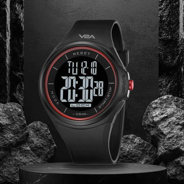 V2A Touch Controls Digital 5ATM Waterproof Unisex Sports Watch (Black-Red)