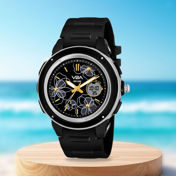 V2A Analog Digital 5ATM Waterproof Fashion Sports Watch for Women and Girls with Backlight Alarm Stopwatch (Black)