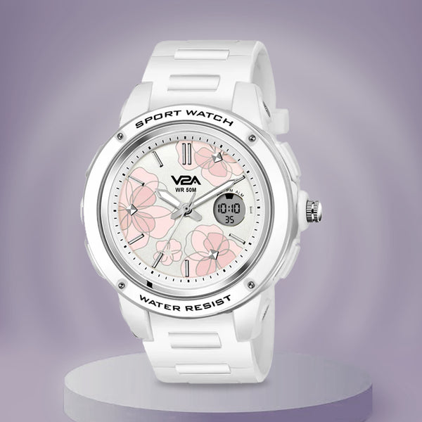 V2A Analog Digital 5ATM Waterproof Fashion Sports Watch with Backlight Alarm Stopwatch for Women and Girls (White Color Dial and Strap)