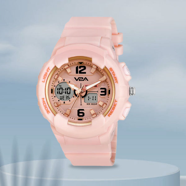 V2A Analog Digital 5ATM Waterproof Fashion Sports Watch with Backlight Alarm Stopwatch for Women and Girls (Pink Color Dial and Strap)
