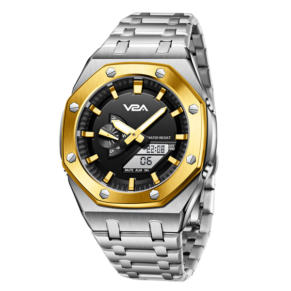 V2A Allure Octagonal Screw Case Analogue-Digital Watch for Men, Stainless Steel Band, 30M Water Resistant, 5 Alarms, World Time, Countdown, Stopwatch Men Watch | Birthday Gift for Men