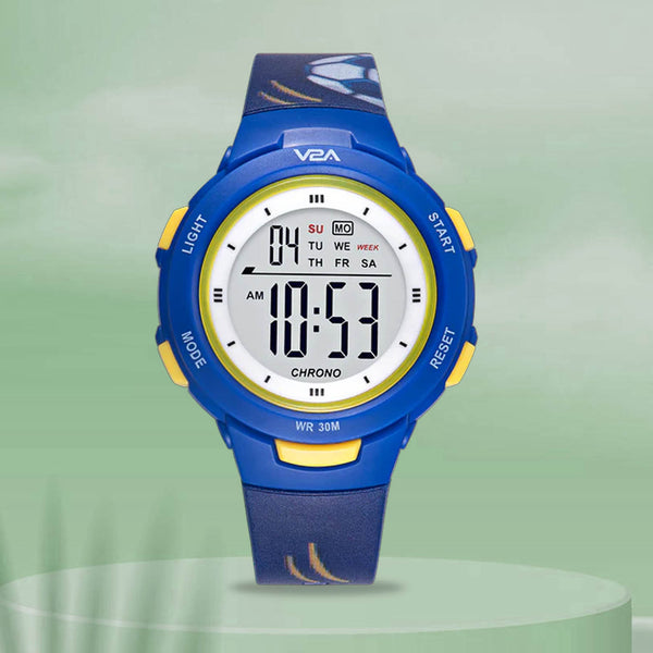 V2A Kids' Digital Sports Watch – Blue & Yellow | Waterproof, Backlight, Alarm