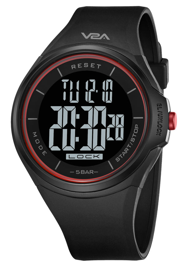V2A Touch Controls Digital 5ATM Waterproof Unisex Sports Watch (Black-Red)