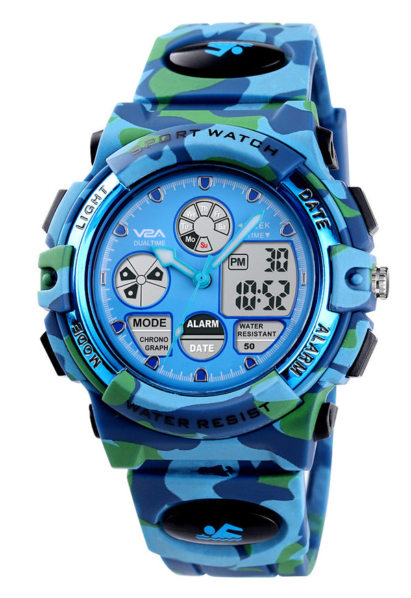 V2A Camouflage Analogue Digital Waterproof Kids Sports Watch with Backlight Alarm Stopwatch for Boys and Girls (White Dial with Blue and Green Colored Strap)