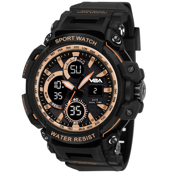 V2A Big Dial Black-gold Outdoor Sport Shockproof Led Analogue And Digital Waterproof Chronograph Watch For Men