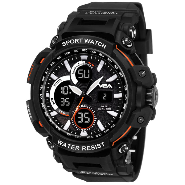 V2A Big Dial Black Outdoor Sport Shockproof Led Analogue And Digital Waterproof Chronograph Watch For Men