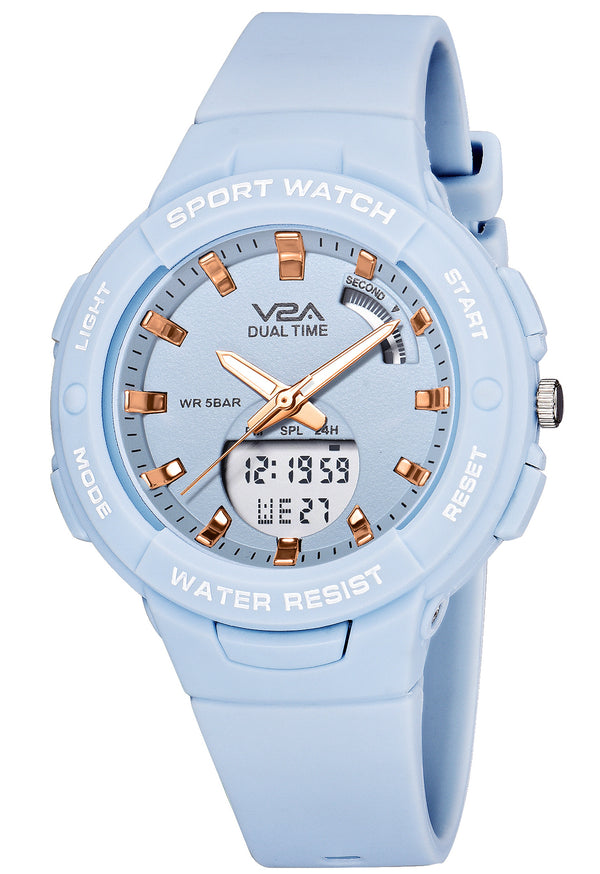 V2A Analog Digital Waterproof Fashion Sports Watch  for Women and Girls (Light Blue)