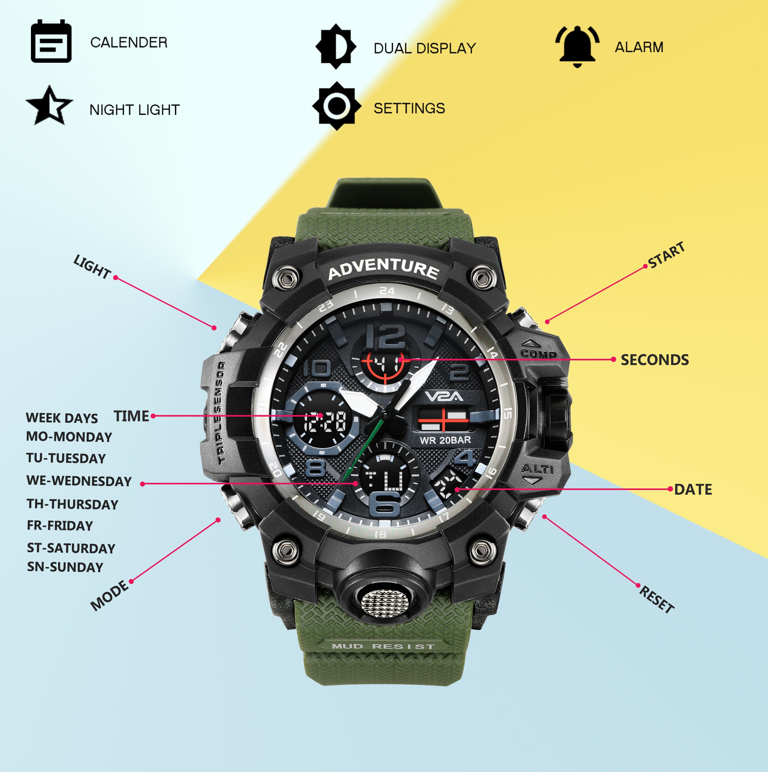 V2A Military Green Chronograph Analogue And Digital Sports Watch