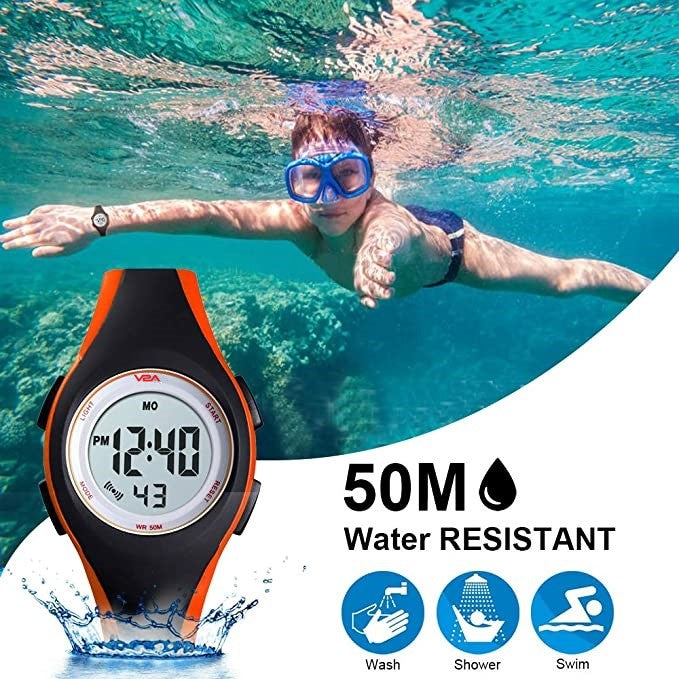 V2A 5ATM Waterproof Digital Kids Sports Watch with Luminous Alarm Stopwatch for Boys and Girls (White Dial Black and Orange Colored Strap)