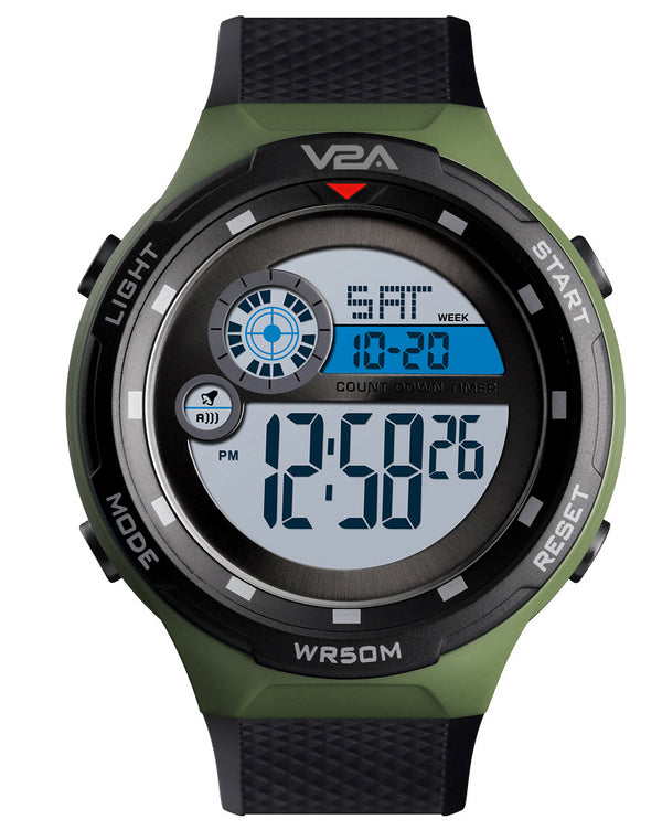 V2A Digital 5ATM Waterproof Sports Watch with Backlight Alarm Stopwatch for Men and Boys (White Dial with Black and Green Colored Strap)